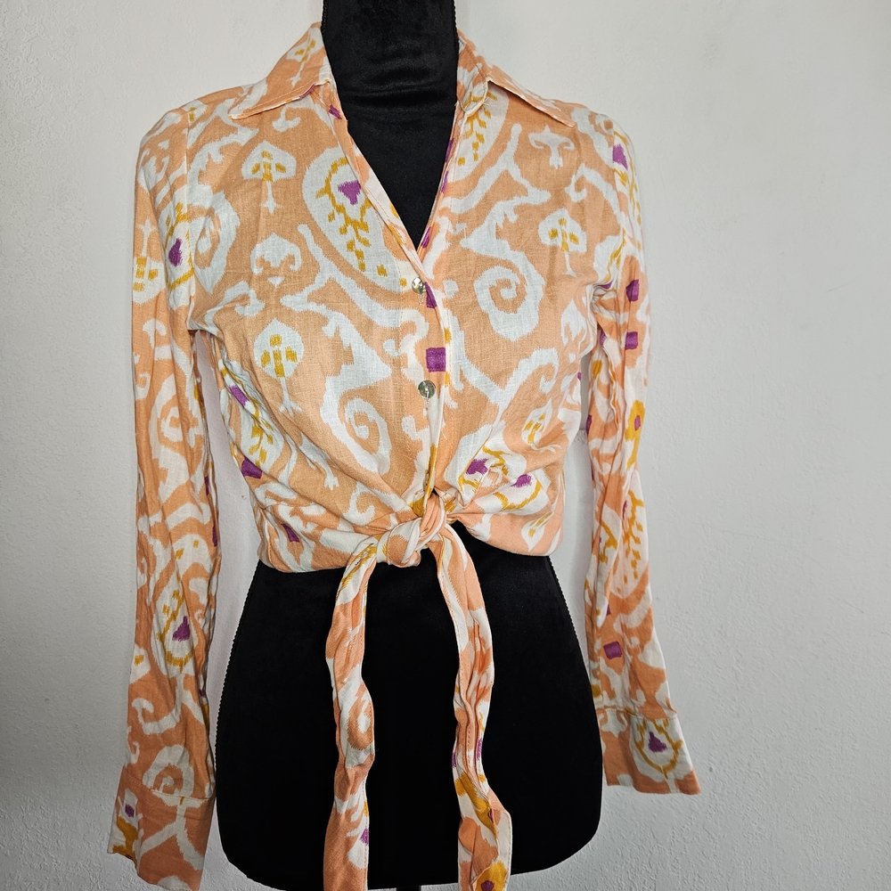 Christian Siriano Peach Ikat Tie-Front Blouse with Yellow & Lavender Accents